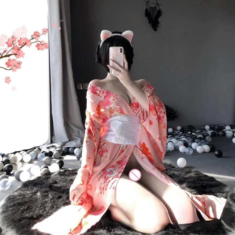 

Japanese Kawaii Pink Kimono with White Bow-Knot Waistband and Thong Cat Headband Sexy Maid Cosplay Costumes for Woman AV Outfit