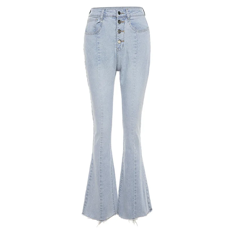 

Casual Women Jeans Sigle Breasted Solid High Waist Bell Bottoms Sexy Fashion Femmal Pants Streetwear 2021 Spring
