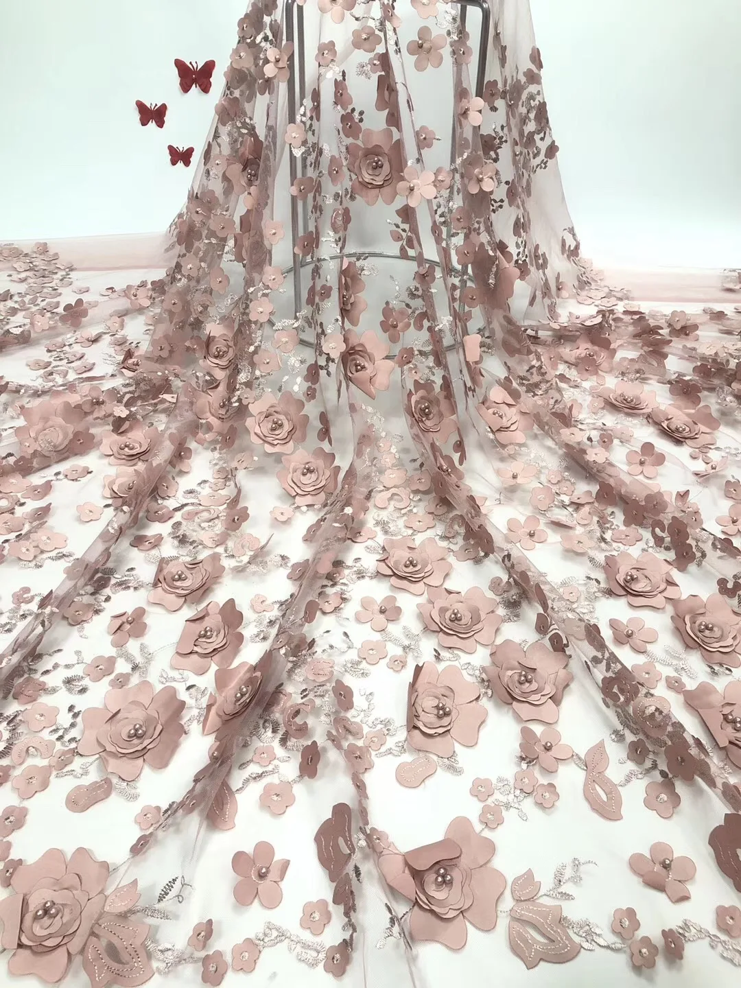 

African Beaded 3D Tulle Lace Fabric 2021 African French Lace Fabric High Quality Nigerian Embroidery Tulle French Lace RF305