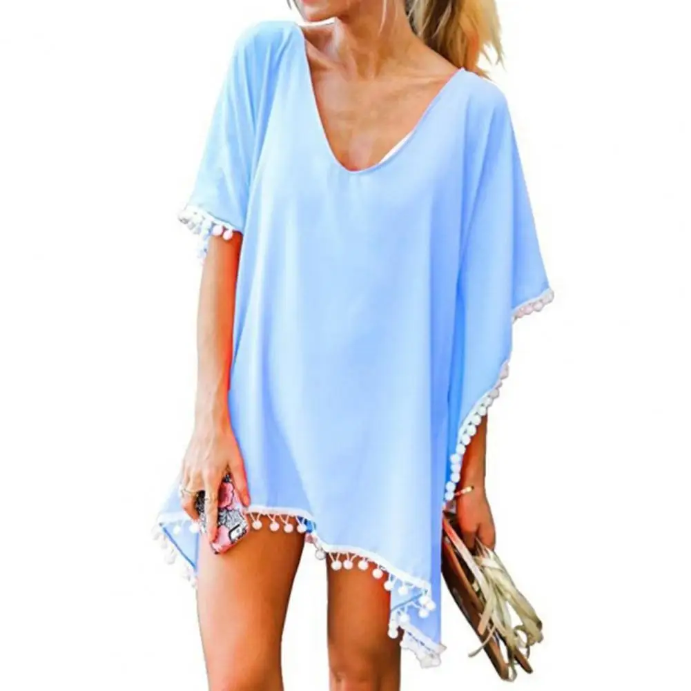 

Beach Dress Solid Color Tassel Women Round Neck Short Sleeve Cover Up Top for Beach