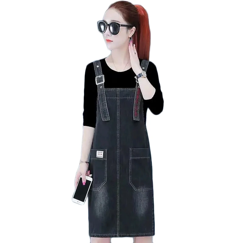 

Женская джинсовая юбка на бретелях, новинка весны-лета 2021, корейское Свободное длинное платье, Осенние повседневные джинсовые юбки на брете...