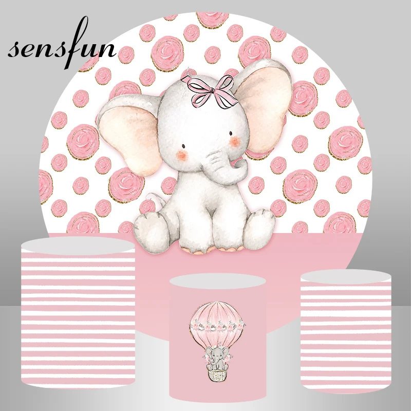 

Cute Elephant Baby Shower Newborn Round Backdrops Pink Girls 1st Birthday Party Circle Photography Backgrounds Plinth Cover