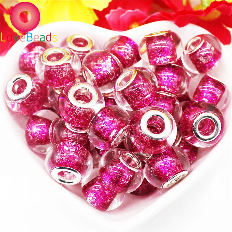 

10Pcs Rose Red Color Glitter Powder 16mm Glass Murano Big Hole European Chain Spacer Beads Fit Pandora Charms Bracelet Jewelry