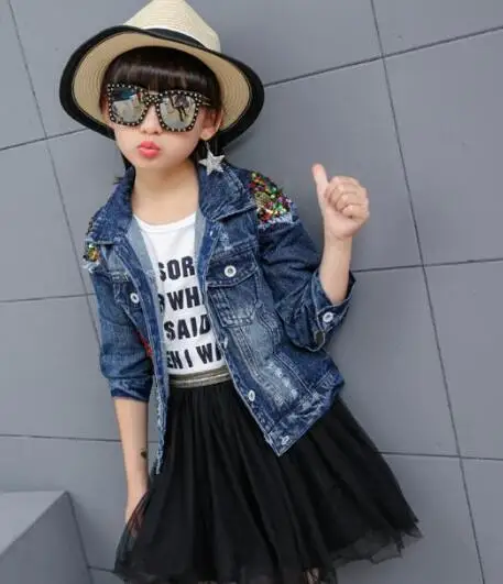 Джинсовая куртка для девочек верхняя одежда с блестками девочек-подростков