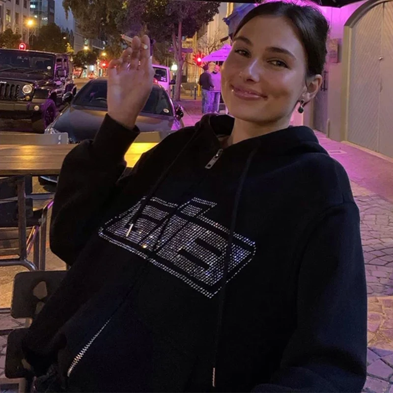 CDJLFH Shiny Rhinestone Letter Hooded Sweatshirts Women Fall Winter Zipper Baggy Oversized Hoodies Long Sleeve Sports Streetwear
