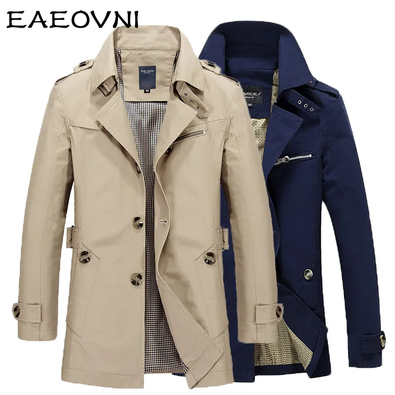 EAEOVNI Mens Business Jacket Fashion Autumn Men Long Cotton Windbreaker Jackets Overcoat Male Casual Winter Trench Outwear Coat