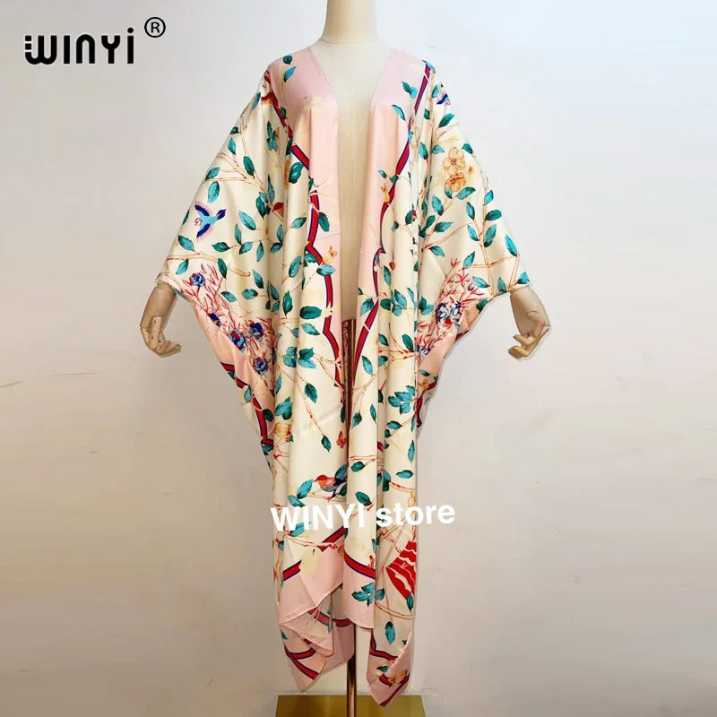 

Bikini cover-up traf Cotton Sweet Lady Pink Boho Print Self Belted Front Open Long Kimono Dress Beach Tunic Women Wrap Dresses