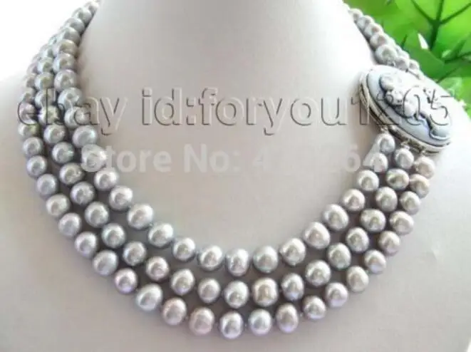 

Jewelry Pearl Necklace 3rows Natural 9mm Round Gray Pearl Necklace Cameo
