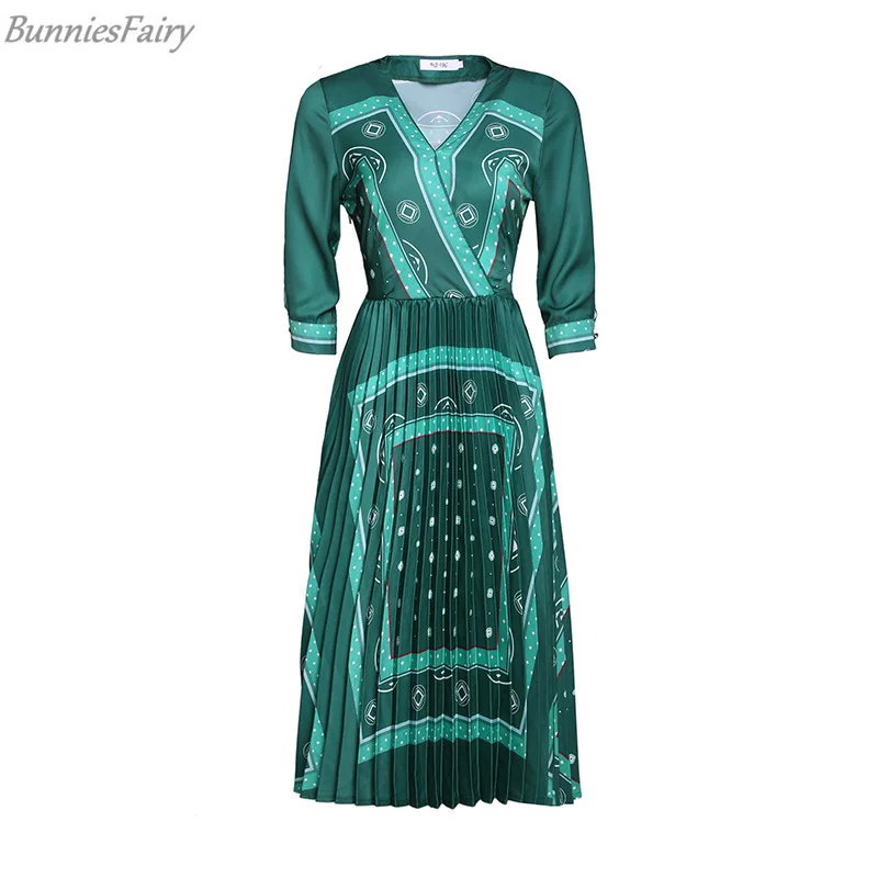 BunniesFairy 2019 Autumn New Women Elegant Vintage Retro Green Geometric Floral Print Pleated Dress V-neck Three Quarter Sleeve | Женская