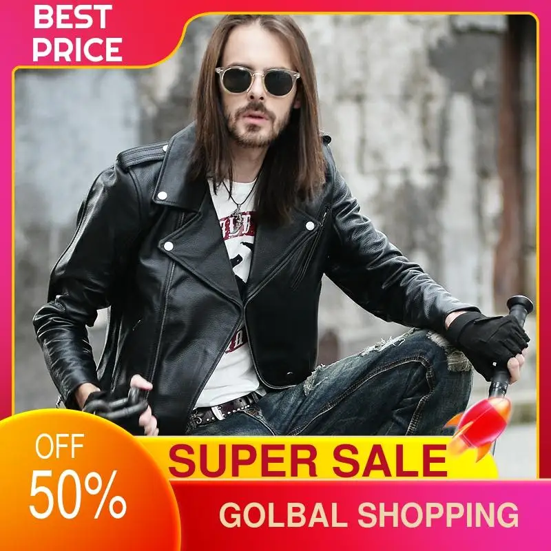 

2021 Black Short Motorcycle Style Genuine Leather Jacket Men Plus Size 4XL Real Natural Cowhide Autumn Slim Fit Biker's Coat