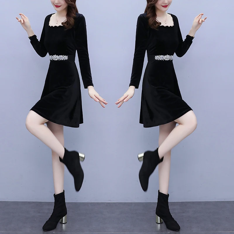 

Женское бархатное платье с квадратным вырезом, однотонное черное платье золотого цвета с поясом