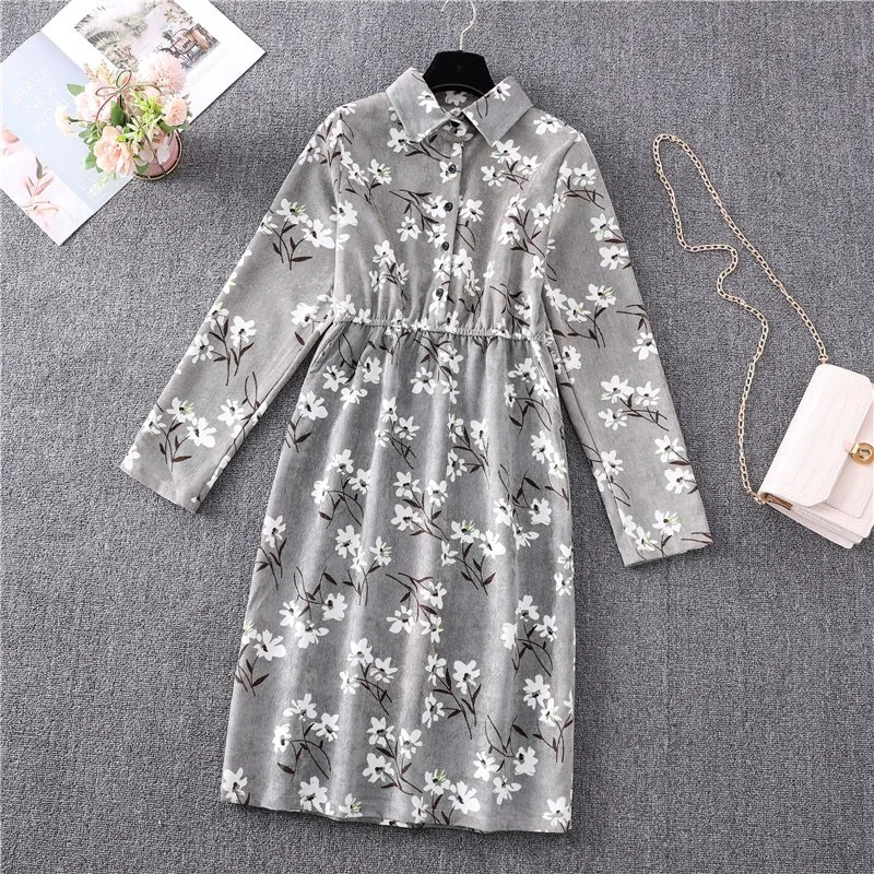 

Corduroy A-line Office Midi Dress Turn-Down Collar Elastic Waist Vestido Manga Larga Spring Autumn Fashionable Women's Clothing