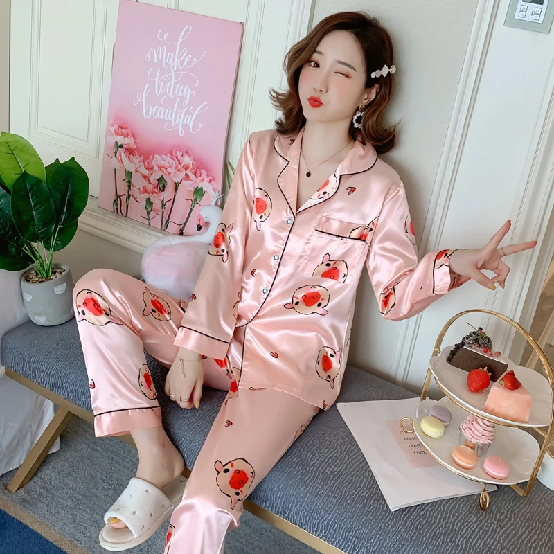 

Newest Silk Pajamas for Women Sweet Print Pyjamas Woman Elegant Long Sleeve Pijama Long Pant Homewear Ladies Sleepwear Sets