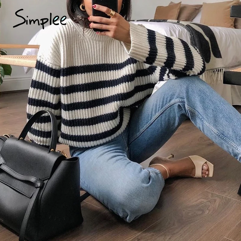 Simplee Fashion black white striped sweater Crew neck loose Long sleeve winter Pullover Casual home style Knitted sweaters 2020 | Женская