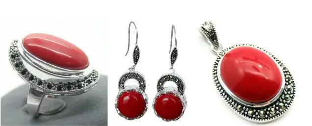 Набор ювелирных жемчужин женские красные резные покрытые лаком марказит 925 пробы