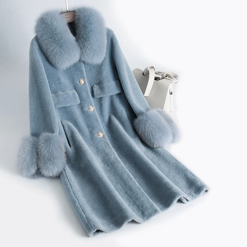 Light blue AYUNSUE, пальто из натурального меха, стрижка овец, длинное зимнее пальто, женская одежда, шерсть, куртка из натурального меха лисы, воротник Abrigos Mujer KJ1033 - Цвет: Light blue