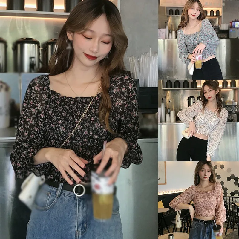 

Women's Fashion Chiffon Blouses Square Collar Sexy Sweet Pleated Small Floral Print Short Chiffon Shirt Floral Slim Short Shirts