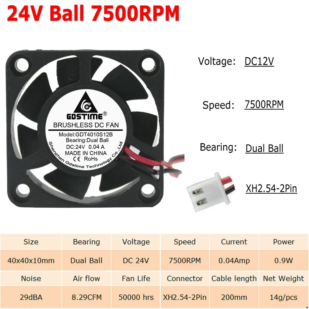 10 шт./Партия Кулер 40x40x10 мм 4010 2Pin 3Pin Dupont USB 5 в 12 В 24 в 40 мм 4 см DC чехол для компьютера Бесщеточный вентилятор охлаждения Втулка с отверстиями для шариков - Цвет лезвия: 24V Ball 7500RPM