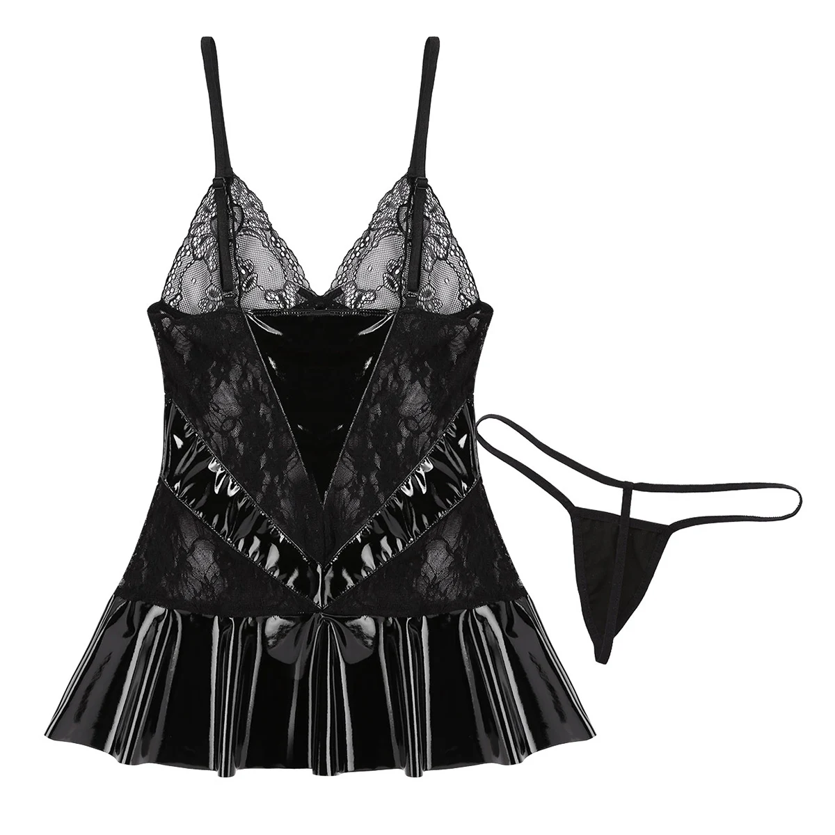 

Womens Erotic Sexy Lingerie Set Spaghetti Straps Lace Leather Babydolls Sissy Nightdress with G-string Mini Parties Clubwear