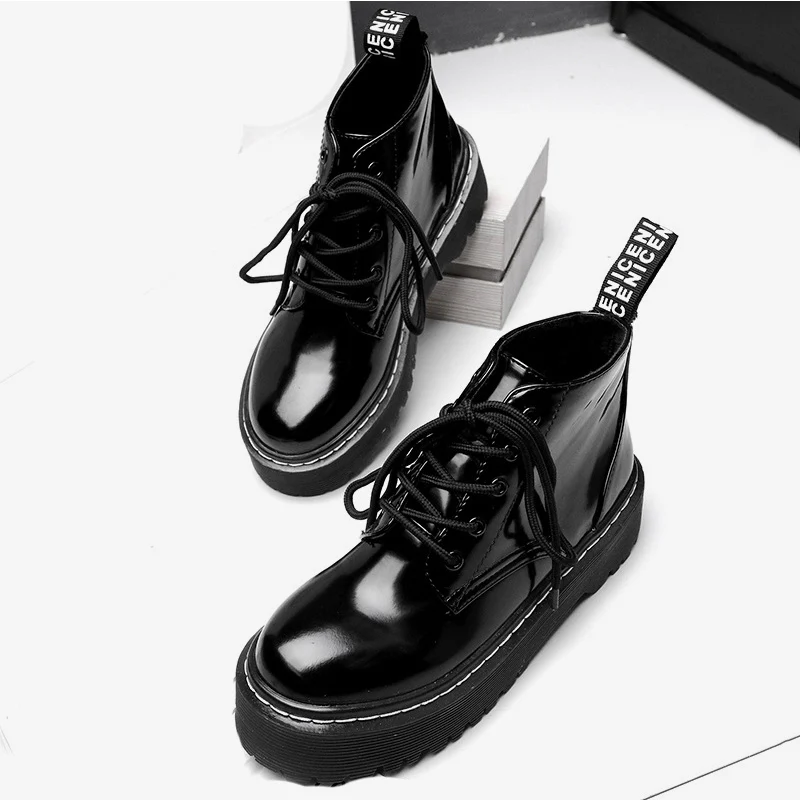 Women's Flat Platform Ankle Boots Autumn Patent Leather Boot Black Lace Up Creepers Shoes Fashion Party Footwear Drop Shipping