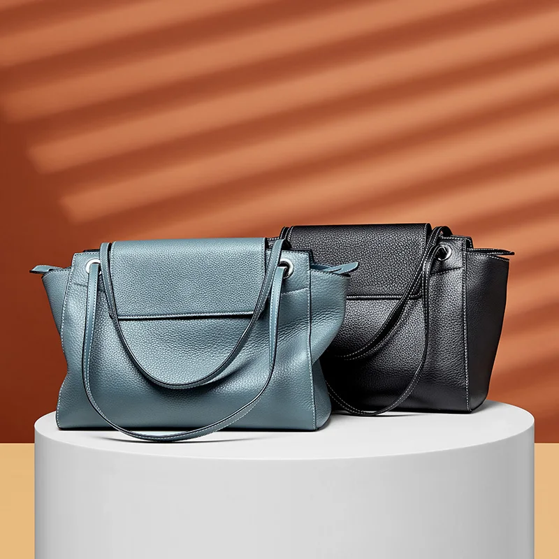 

2020 Women Luxury Bag Vintage Tote Female Blue Black Fashion Shoulder Handbag Lady Cowhide Genuine Leather Shoulder Shopping Bag