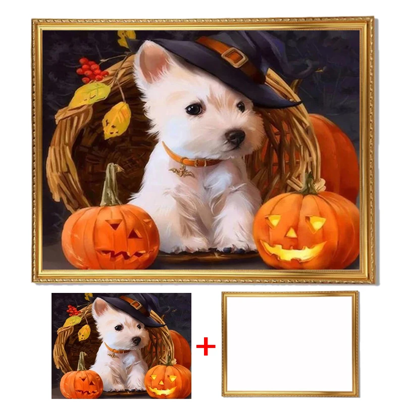 

Framed Diamond Painting Animals Dog Diamond Embroidery Full Round Drill Halloween Cartoon Pumpkin Art Painting Rhinestones