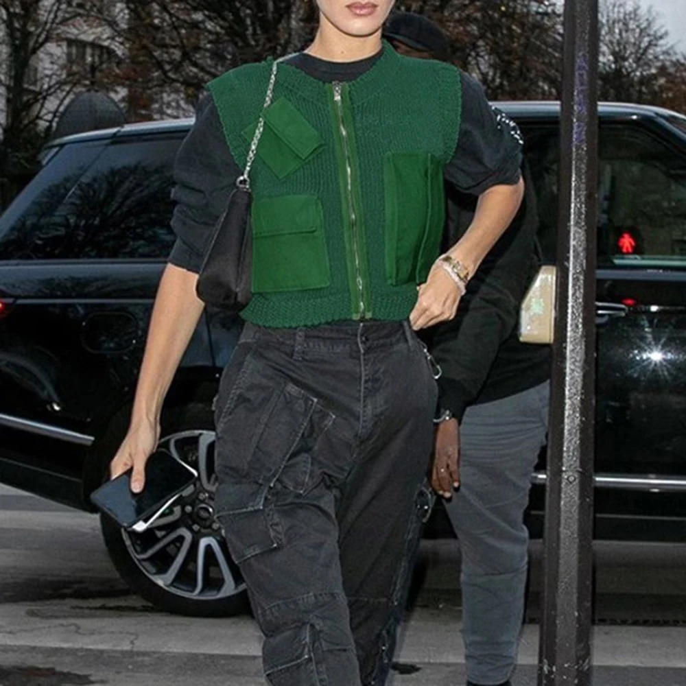 Модный лоскутный Женский вязаный жилет с круглым вырезом и карманами размера