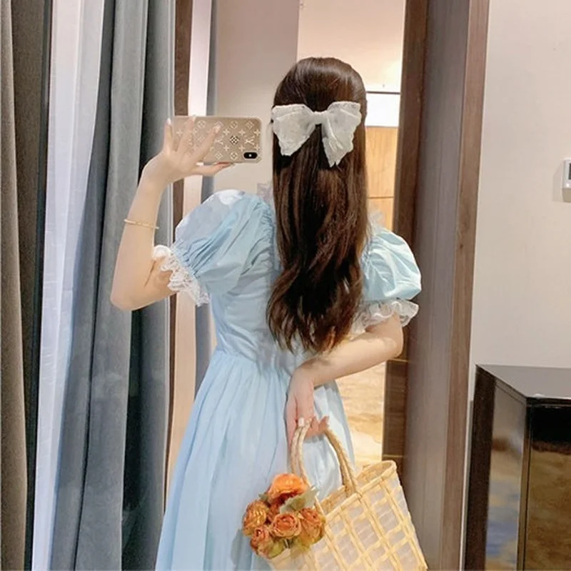 

2021 Summer Casual Kawaii VintageDress Women Puff Sleeve Lace Elegant Dress Evening Party Fairy Dress for Females Korean Style