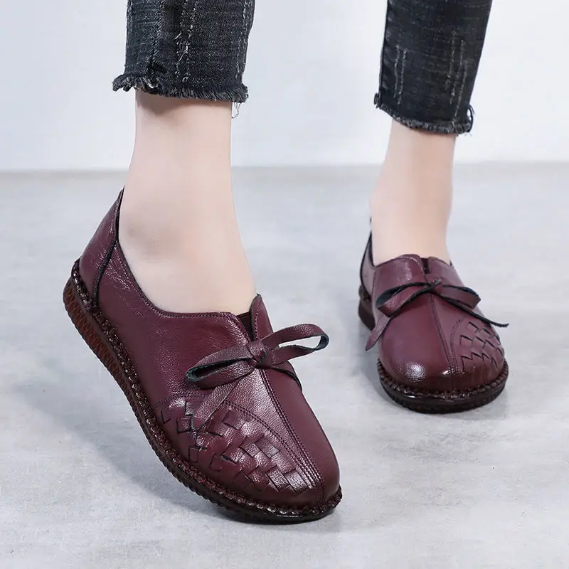 

Drop Shipping Bowknot Braided Flat Shoes Women's Loafers Genuine Leather Autumn Shoes Woman Purple Moccasins Ladies Ballet Flats