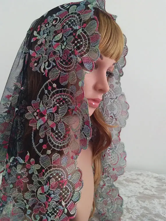 Colorful Embroidery Lace Scarf Mantilla Triangular Lace Veil Catholic Veil