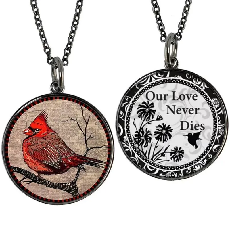 

Cardinal Bird with Backside " Our Love Never Dies" Double Side Glass Pattern Pendant Necklace Man Women Classic Jewelry