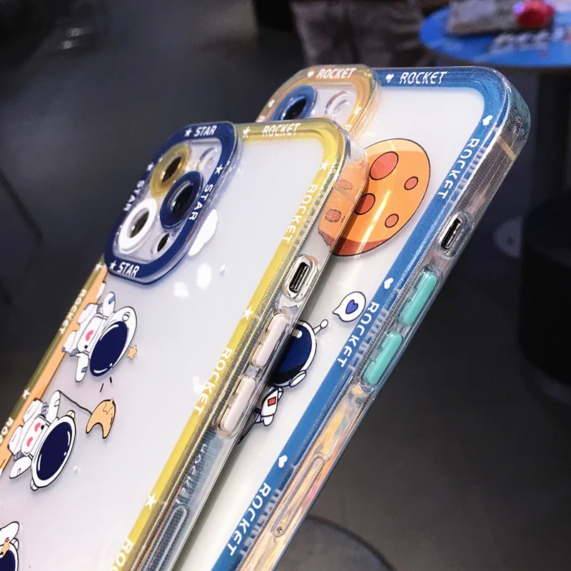 Astronaut Planet Stars Candy Color Phone Case For iPhone 13 12 11 Pro Max X XS XR 7 8 Plus SE 2020  Lens Protected Soft TPU Back