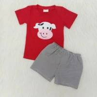 wholesale baby boy boutique clothing embroidery cute cow cotton red top seersucker shorts children summer sets kids outfit