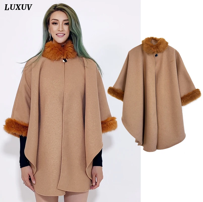 

Luxuv Women's Tweed Cloak Wool TopCoat Blends Trench CoatsOversize Stuffed Faux Fur Leather Overcoat Quality Autumn Poncho