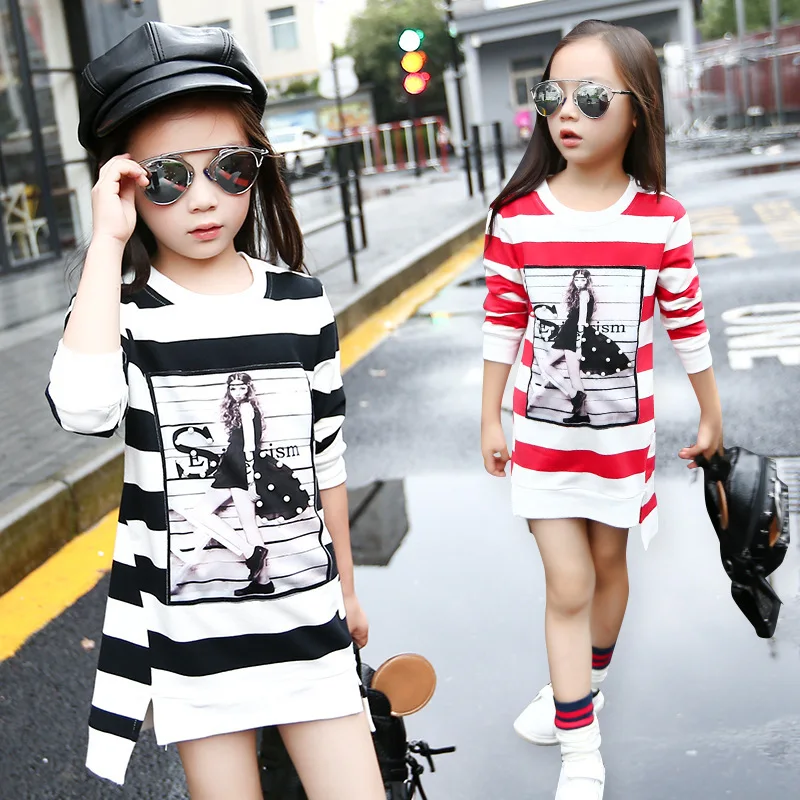 3 4 5 6 7 8 9 10 11 12 Year Girls Dress Striped Casual Kids Clothes for Girl Long Sleeve O-neck Children Shirt Dresses Clothing | Детская