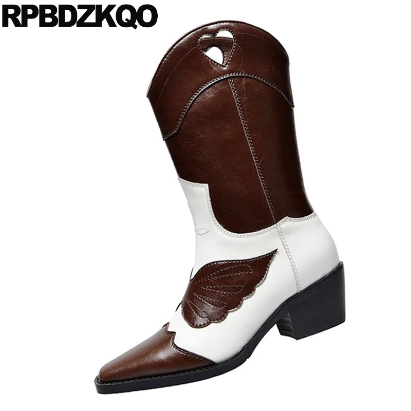 Женские ковбойские ботинки до середины икры коричневые из натуральной кожи с