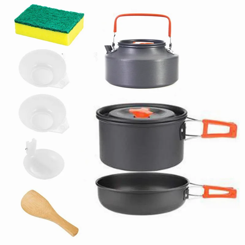 

1 set of outdoor pots and pans camping cookware tableware spoon fork knife kettle for 2-3 people camping plates and bowls set