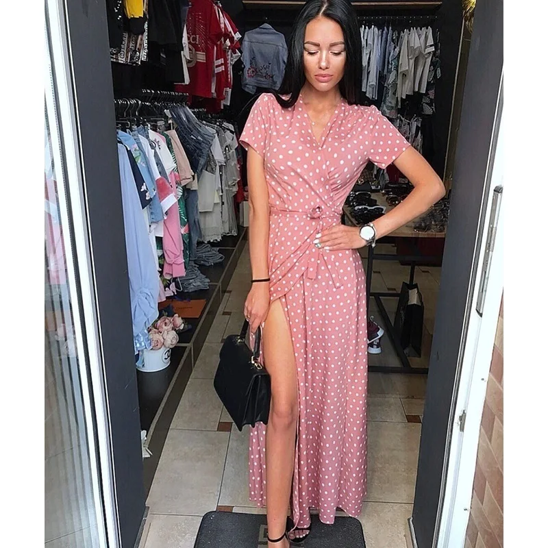 Женское повседневное длинное вечернее платье в горошек с принтом сексуальное