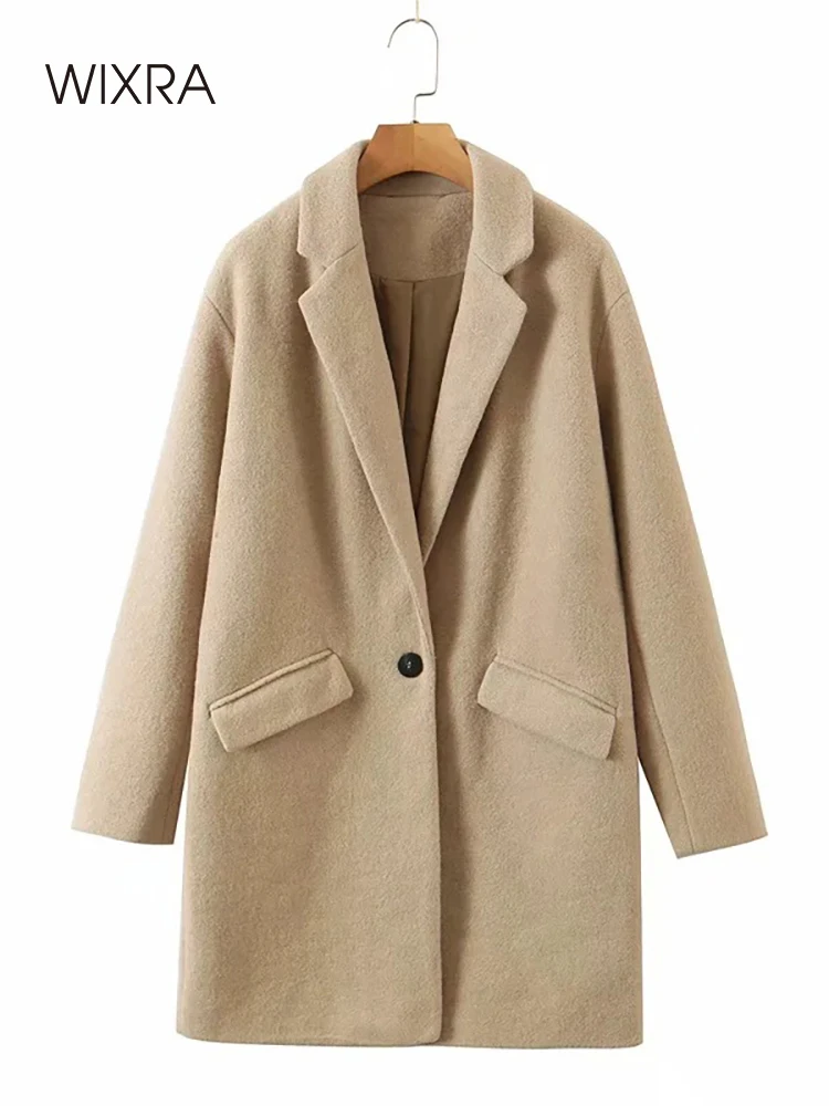 

FAKUNTN Solid Notched Wixra Straight Overcoat d Single Button Khaki Preppy Style Female Long Wool Blends Autumn Winter Outerwear