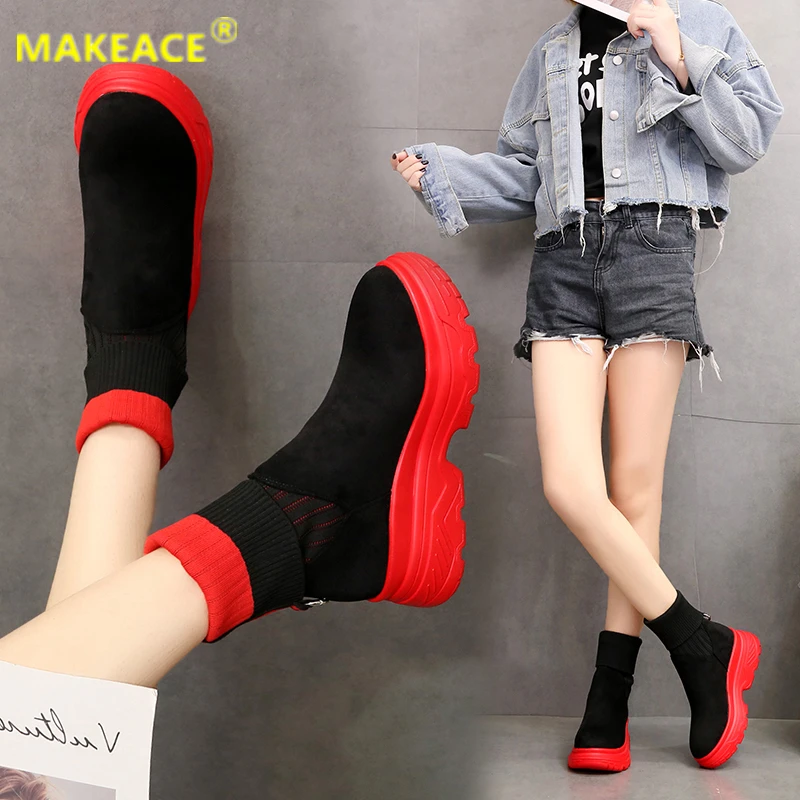 Autumn Fashion Knit Breathable Short Tube Stretch Boots Outdoor Leisure Sports Boots New Platform Women's Shoes Foot Naked Boots