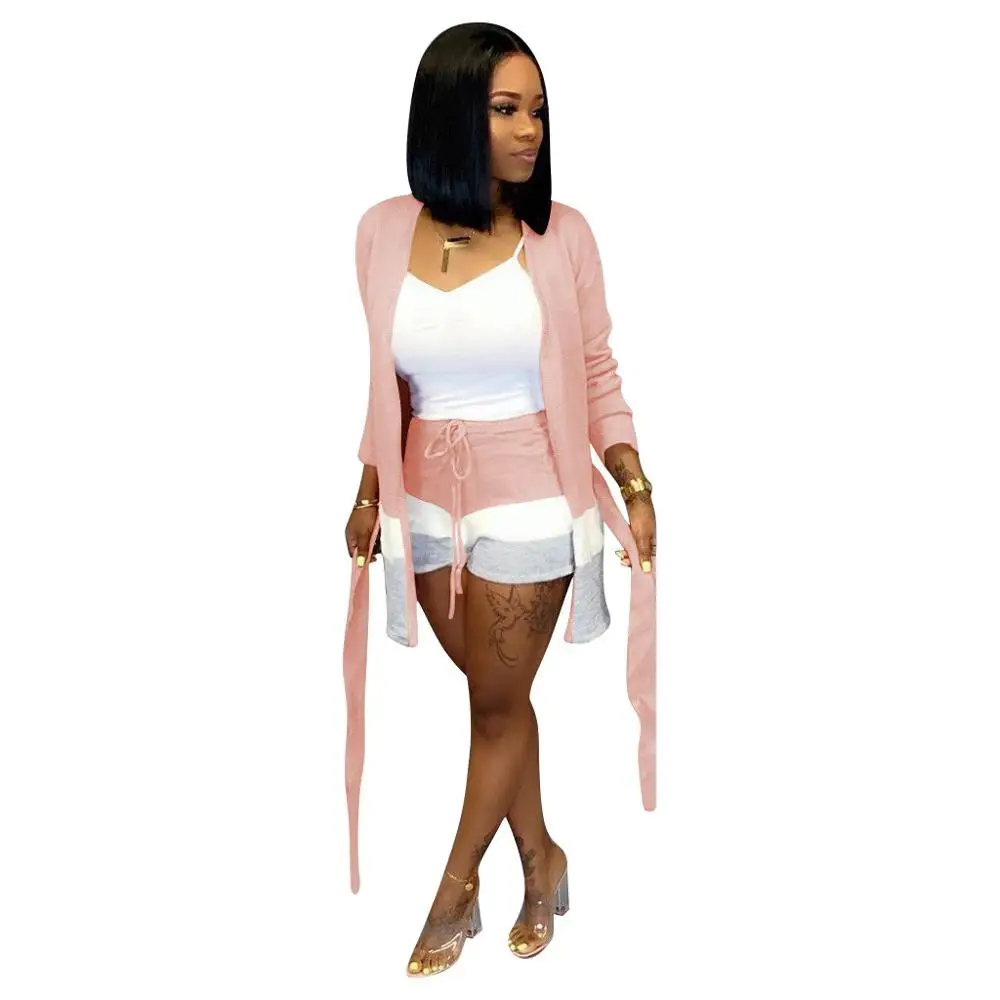 pink 2 piece set Adogirl полосатый цветной лоскутный кашемировый комплект из двух предметов женский модный повседневный костюм кардиган с длинными рукавами и поясом+ шорты - Цвет: pink 2 piece set