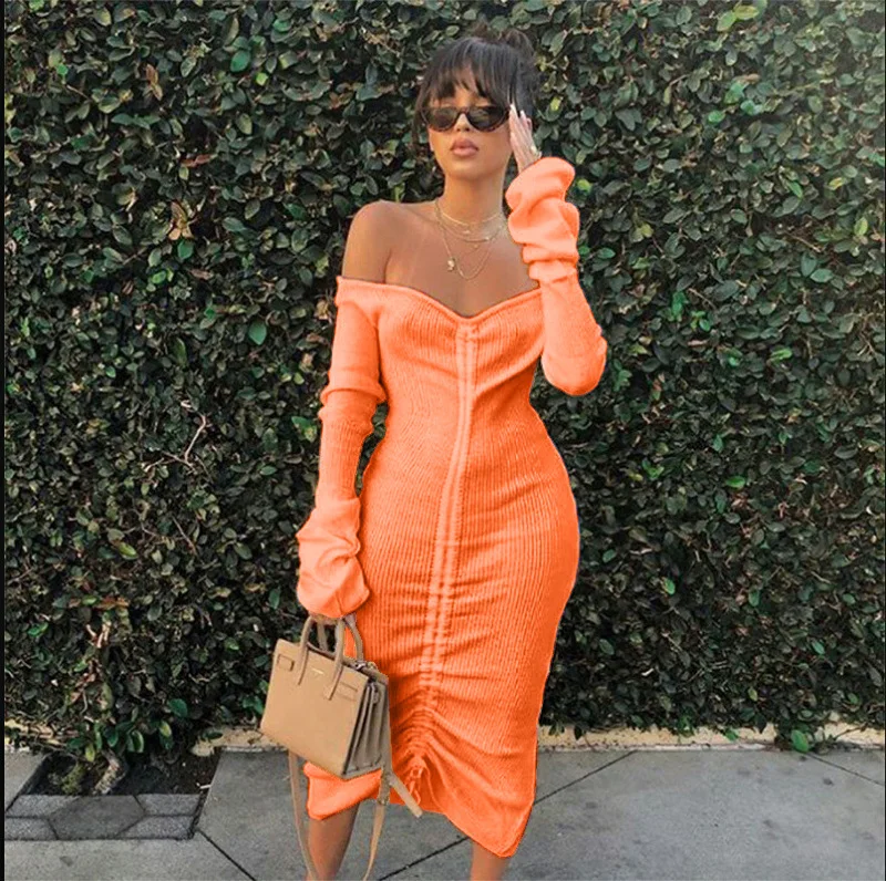 

Club Party Dress Herfst Winter Off Shoulder Jurk Front Trekkoord Sexy Bandage Jurken Slash Hals Lange Mouwen