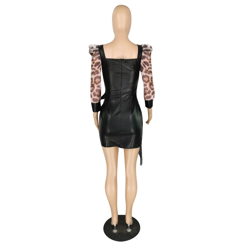 

Women Winter Spring Dress Leopard Print PU Leather Tassel Dress Full Sleeve Sexy Night Party Bandage Bodycon Mini Dresses