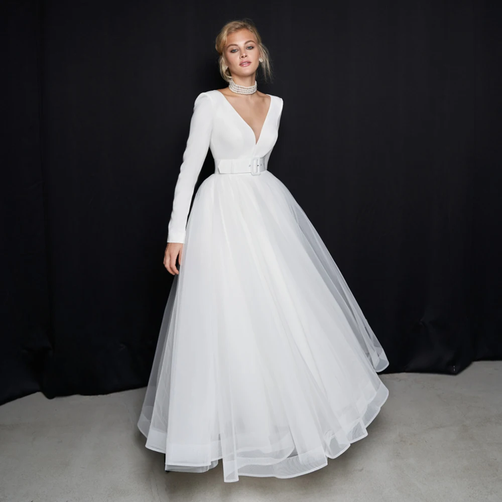 

Ankle Length Belted Satin Long Sleeves Bridal Dress Low V Neck Custom Made Closed Back Simple Ivory Tulle Beach Wedding Gowns