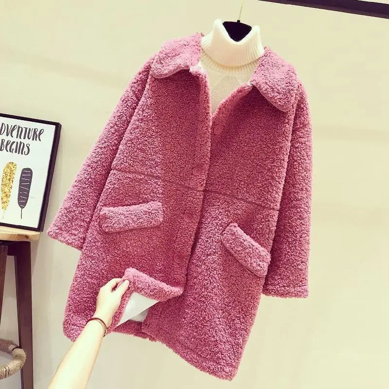 

Fashion Autumn and Winter Imitation Lamb Velvet Mid-length Coat Women 2020 New Temperament Pure Color Buttons Chic Woman Jacket