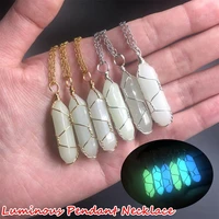 gift for women men jewelry natural stone wire wrap stone pendant hexagonal cylindrical crystal necklace luminous