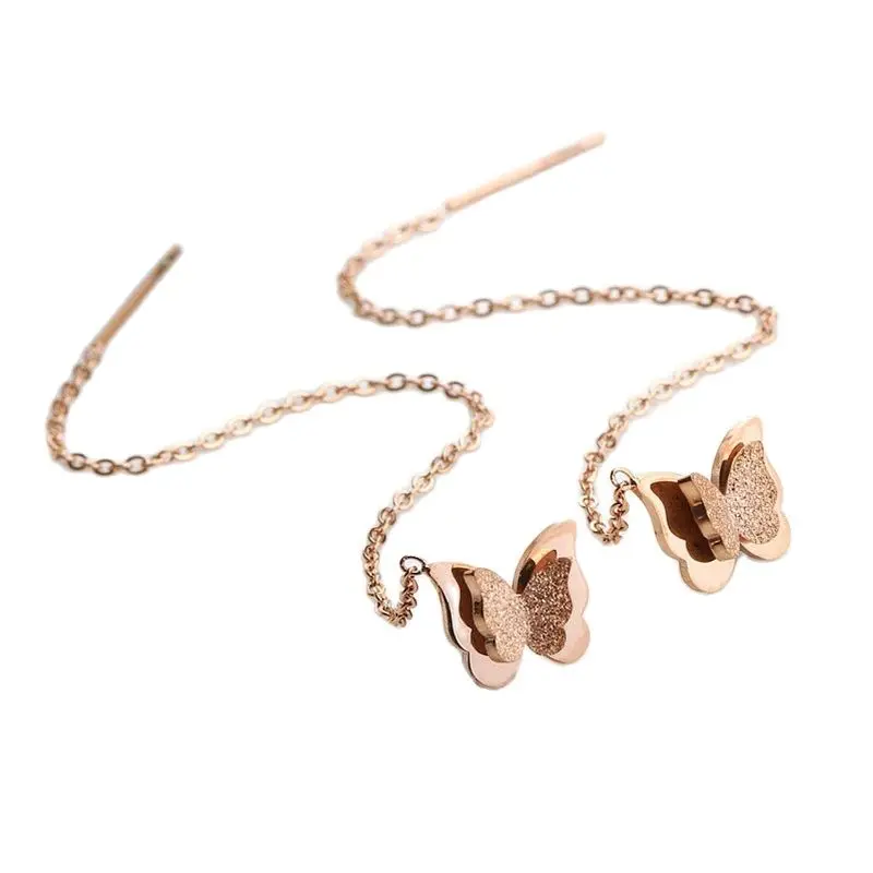 

BFORTUNE European Popular Double Layers Polished Butterfly Chain Bar Pendant Rose Gold Plated Earrings For Female