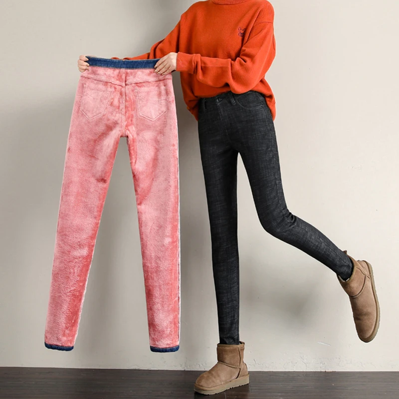 Зимние женские брюки 2019 теплые толстые джинсы повседневные Бархатные с высокой