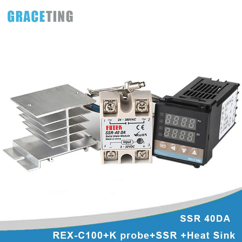 

Цифровой ПИД-регулятор температуры REX-C100, термостат + SSR 40DA/релейный выход + Термопара K, зонд 1 м + радиатор