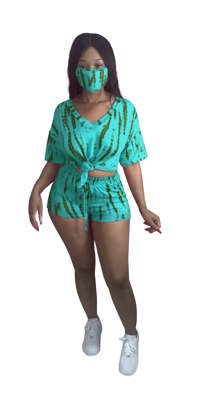 

2020 new fashion tie-dye printing sports suit casual V-neck short-sleeved T-shirt and shorts mask ladies three-piece suit